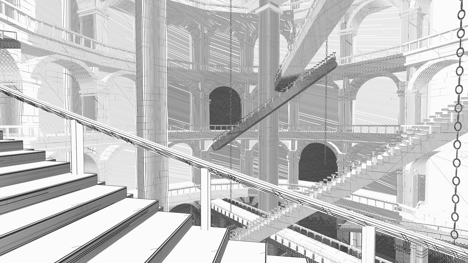 An engraved view into Round Tower, with stone stairs crossing a deep shaft and arcades beyond.